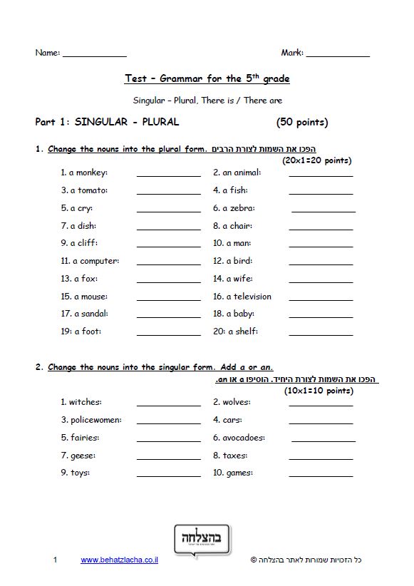 מבחן באנגלית לכיתה ה - Singular-Plural, There is/There are - Exam 1
